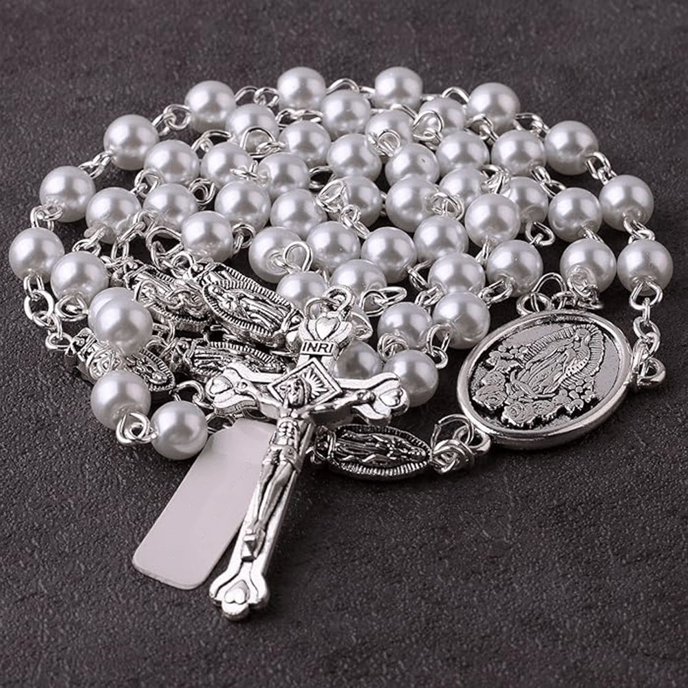 AMUSOUL Catholic Our Lady of Guadalupe White Beads Rosary