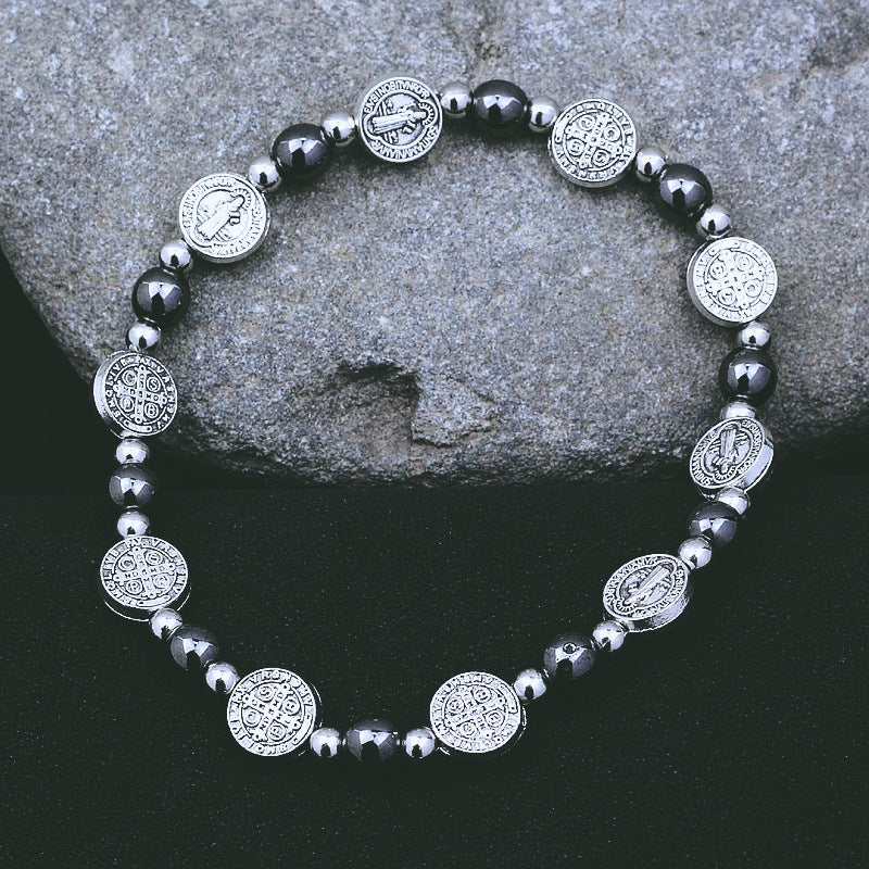 AMUSOUL Black Gallstone St. Benedict Rosary Bracelet