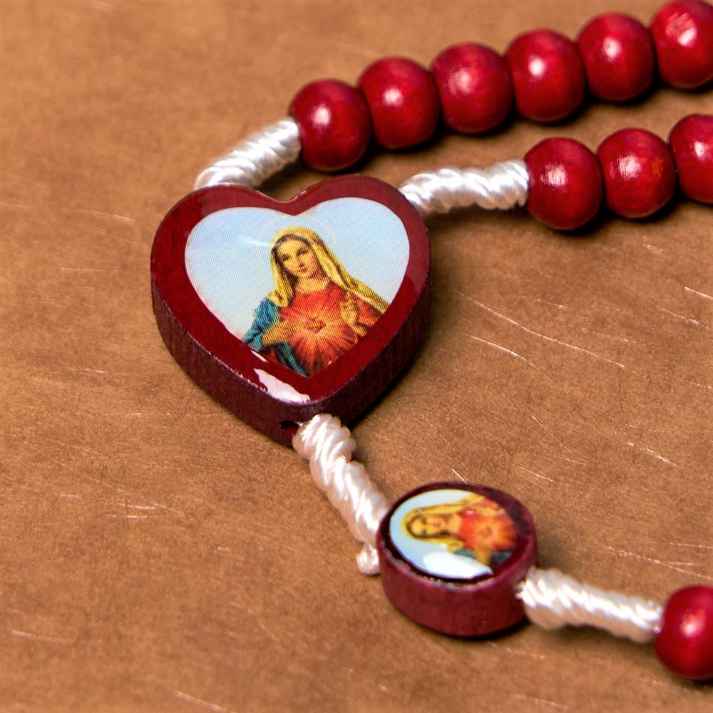 AMUSOUL Wine Red Wooden Beads Cross Virgin Mary Hand Held Rosary