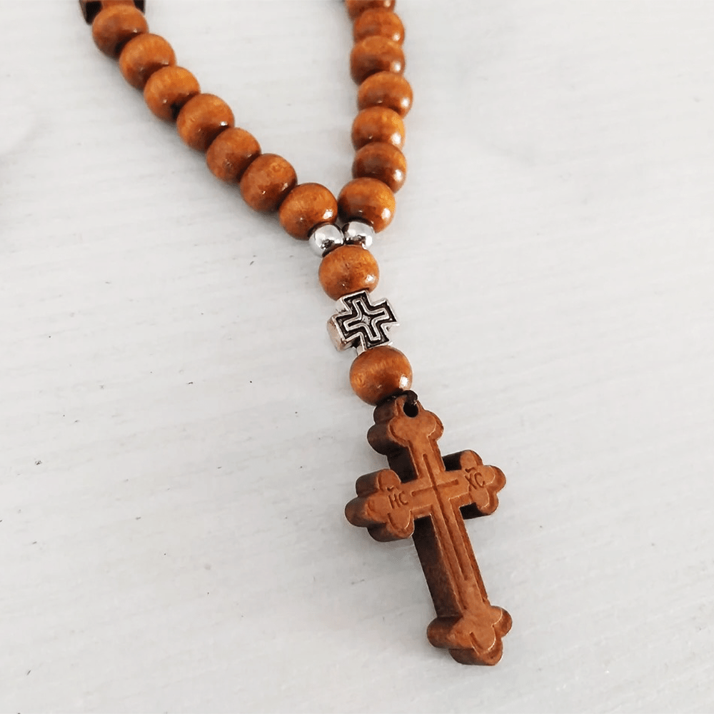 AMUSOUL Wooden Baptism Tassel Beaded Bracelet Rosary