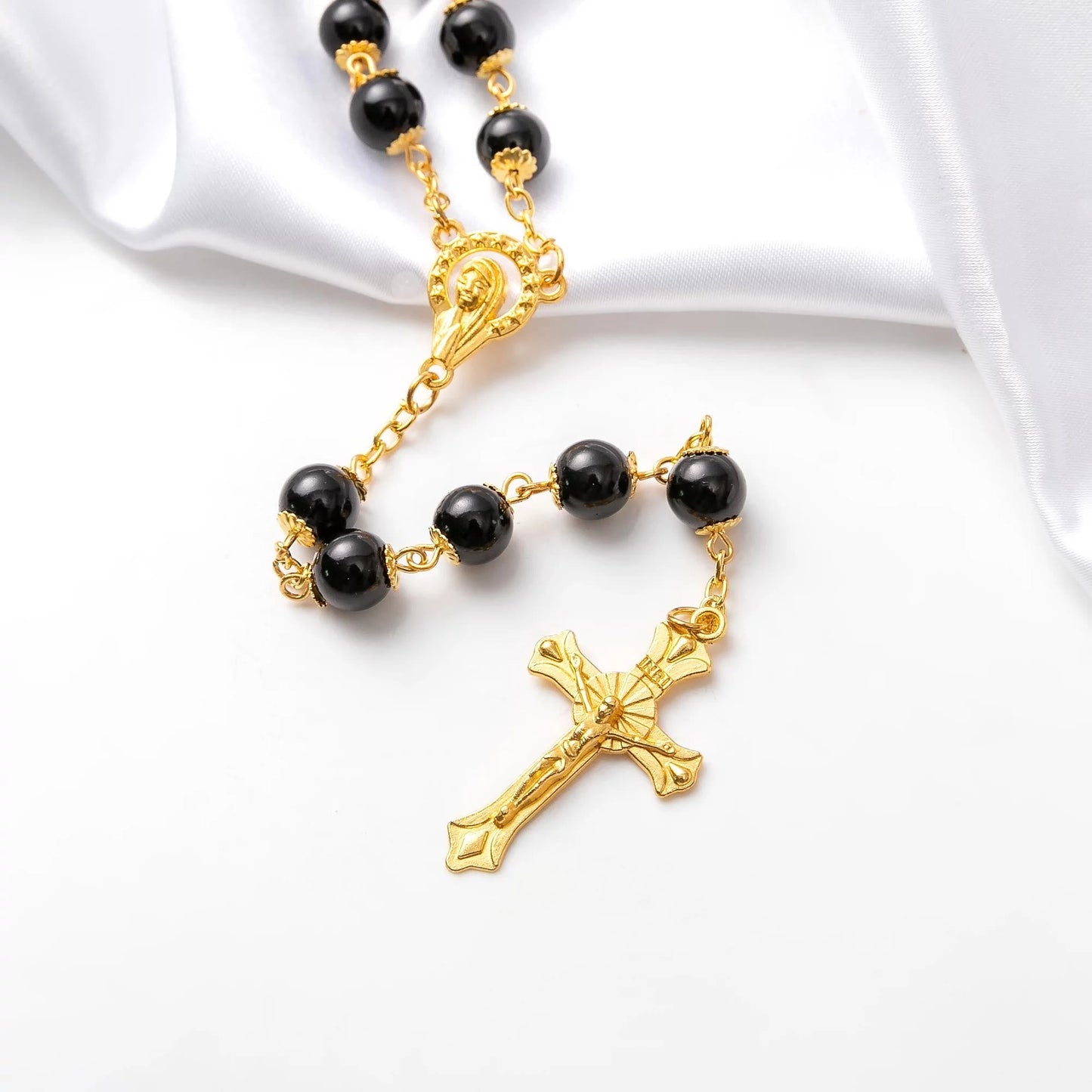AMUSOUL Black Pearl Beads Praying Rosary with Crucifix