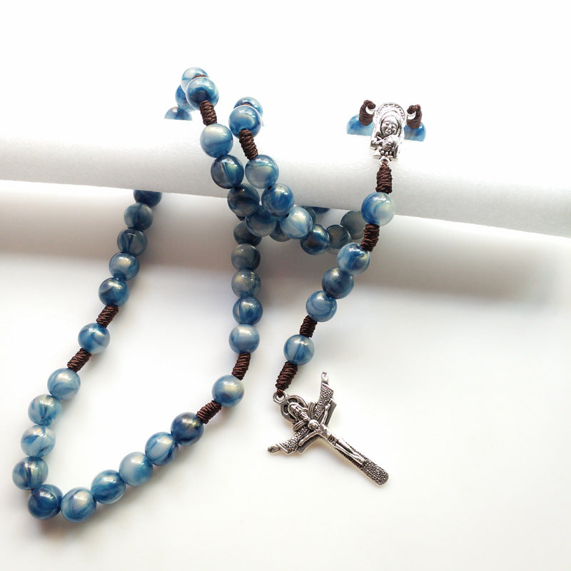 AMUSOUL Blue Beads Hand-Woven Crucifix Rosary