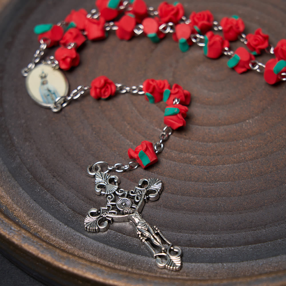 AMUSOUL Rose Flower Shaped Beads Virgin Mary Prayer Rosary