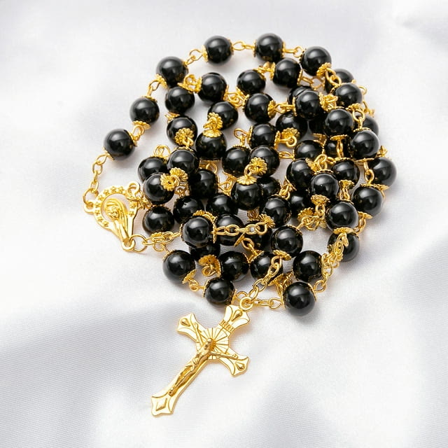 AMUSOUL Black Pearl Beads Praying Rosary with Crucifix