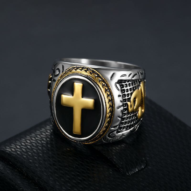 AMUSOUL Retro Cross Hand of God Titanium Religion Ring
