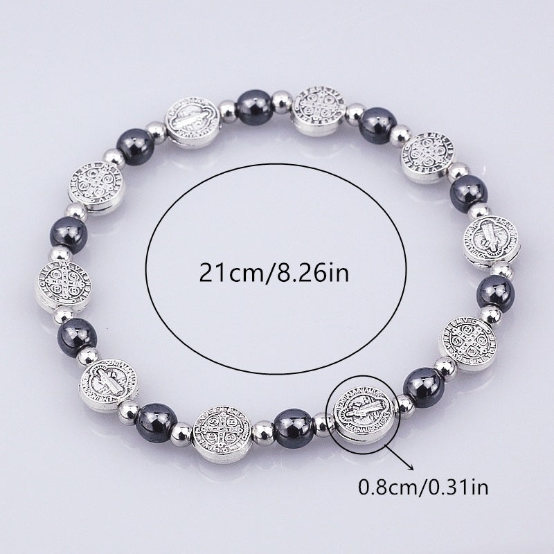 AMUSOUL Black Gallstone St. Benedict Rosary Bracelet