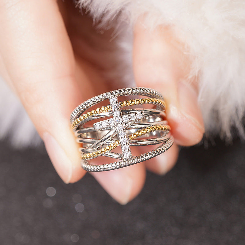 AMUSOUL Dual-Tone Cross Ring – Layered X Design Faith-Inspired Band