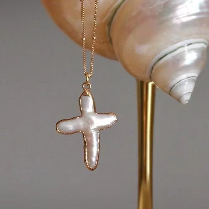 AMUSOUL Baroque Pearl Cross Necklace – Handcrafted Reminder of God's Grace