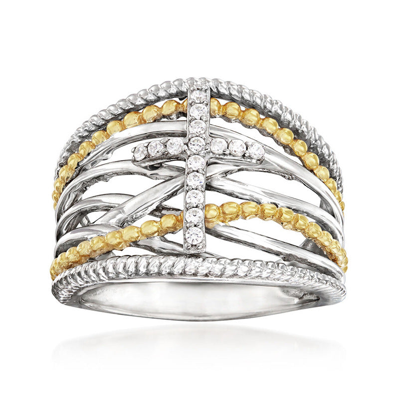 AMUSOUL Dual-Tone Cross Ring – Layered X Design Faith-Inspired Band