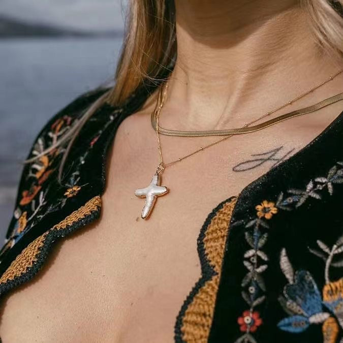 AMUSOUL Baroque Pearl Cross Necklace – Handcrafted Reminder of God's Grace