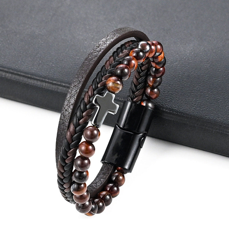 AMUSOUL Guardian Cross Tiger Eye Stone Bracelet – Double Guardian