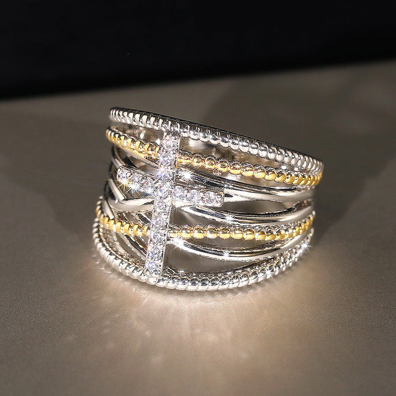 AMUSOUL Dual-Tone Cross Ring – Layered X Design Faith-Inspired Band