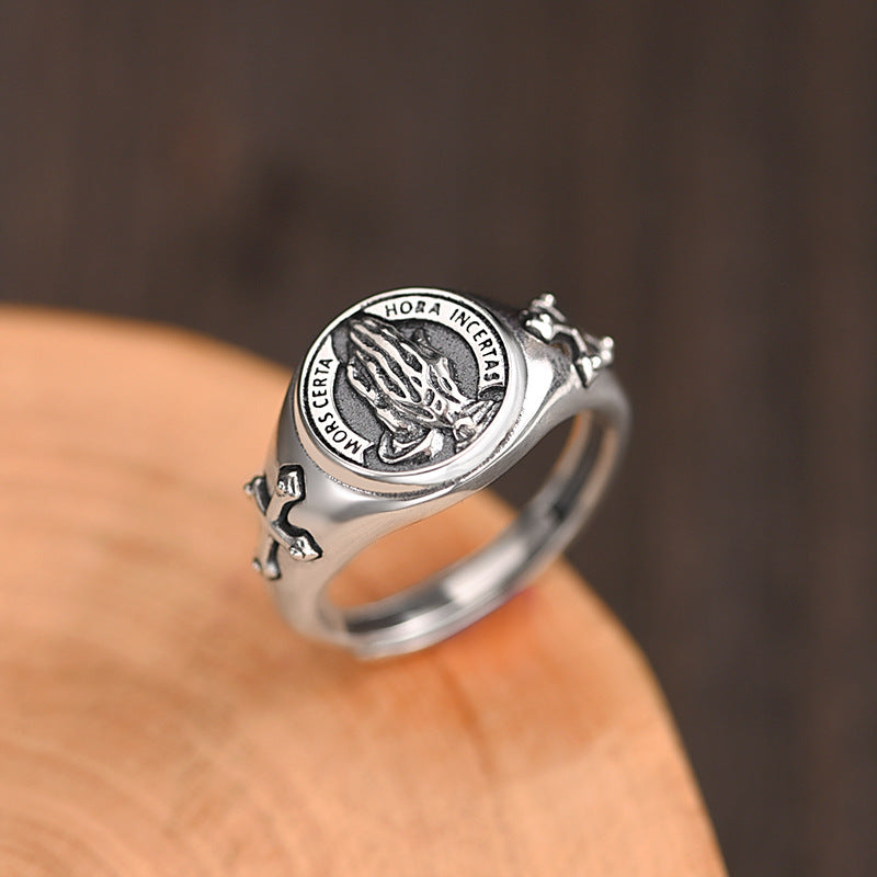 AMUSOUL Guardian Prayer Ring – Vintage Open Cross Design