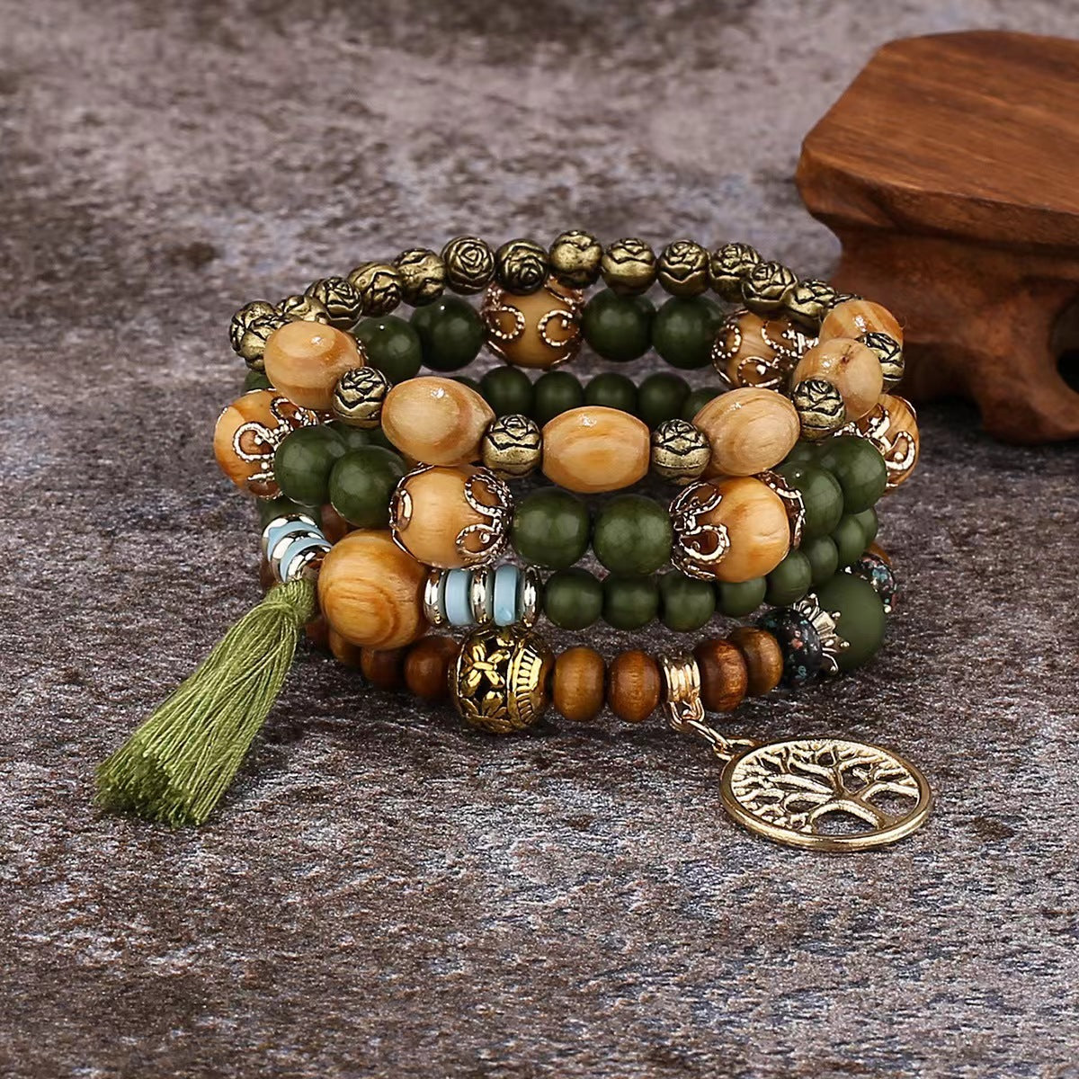 AMUSOUL Tree of Life Wooden Beaded Bracelet – Boho Faith-Inspired Multi-Layer Design