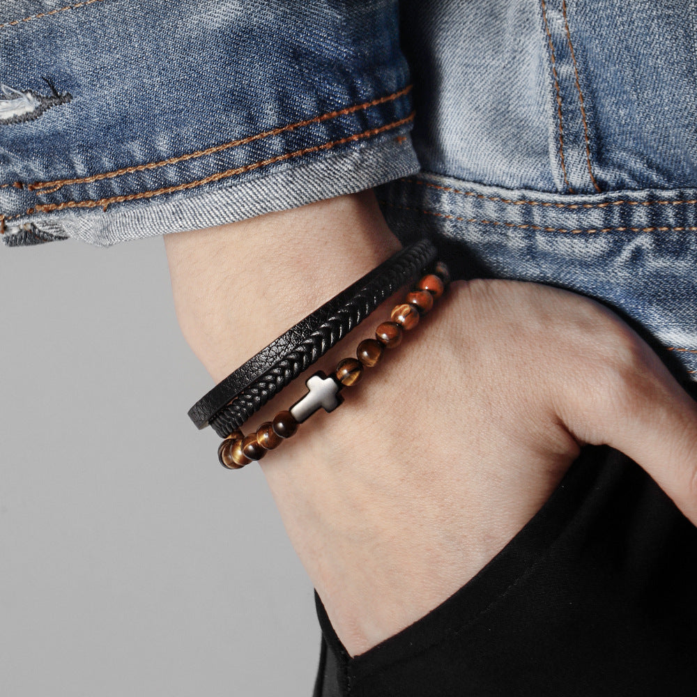 AMUSOUL Guardian Cross Tiger Eye Stone Bracelet – Double Guardian