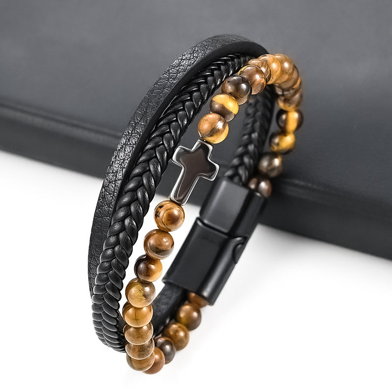 AMUSOUL Guardian Cross Tiger Eye Stone Bracelet – Double Guardian