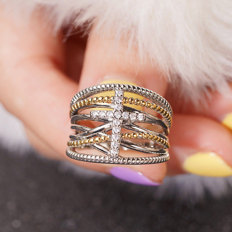 AMUSOUL Dual-Tone Cross Ring – Layered X Design Faith-Inspired Band
