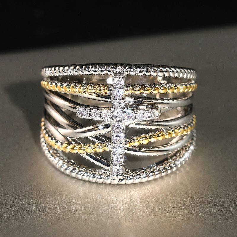 AMUSOUL Dual-Tone Cross Ring – Layered X Design Faith-Inspired Band