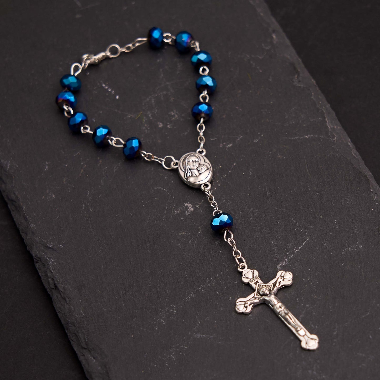 AMUSOUL Blue Crystal Gemstone Virgin Mary Bracelet Rosary
