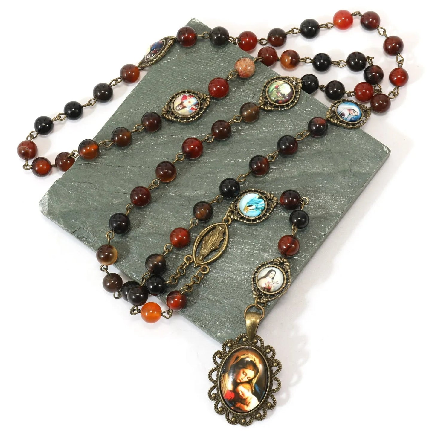 AMUSOUL Retro Agate Stone Virgin Mary Seven Sorrow Rosary