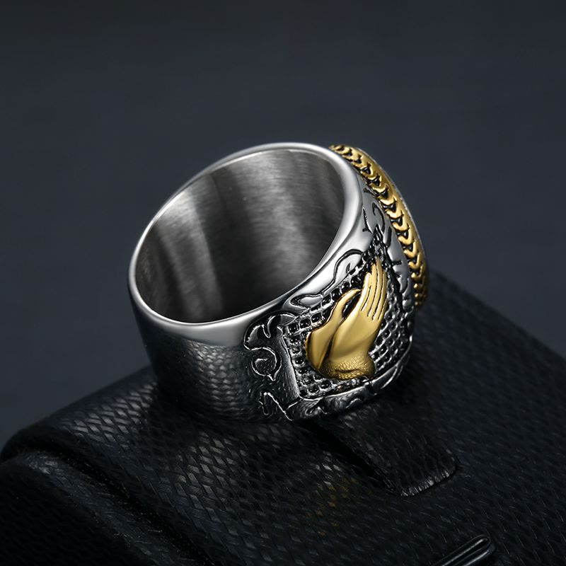 AMUSOUL Retro Cross Hand of God Titanium Religion Ring