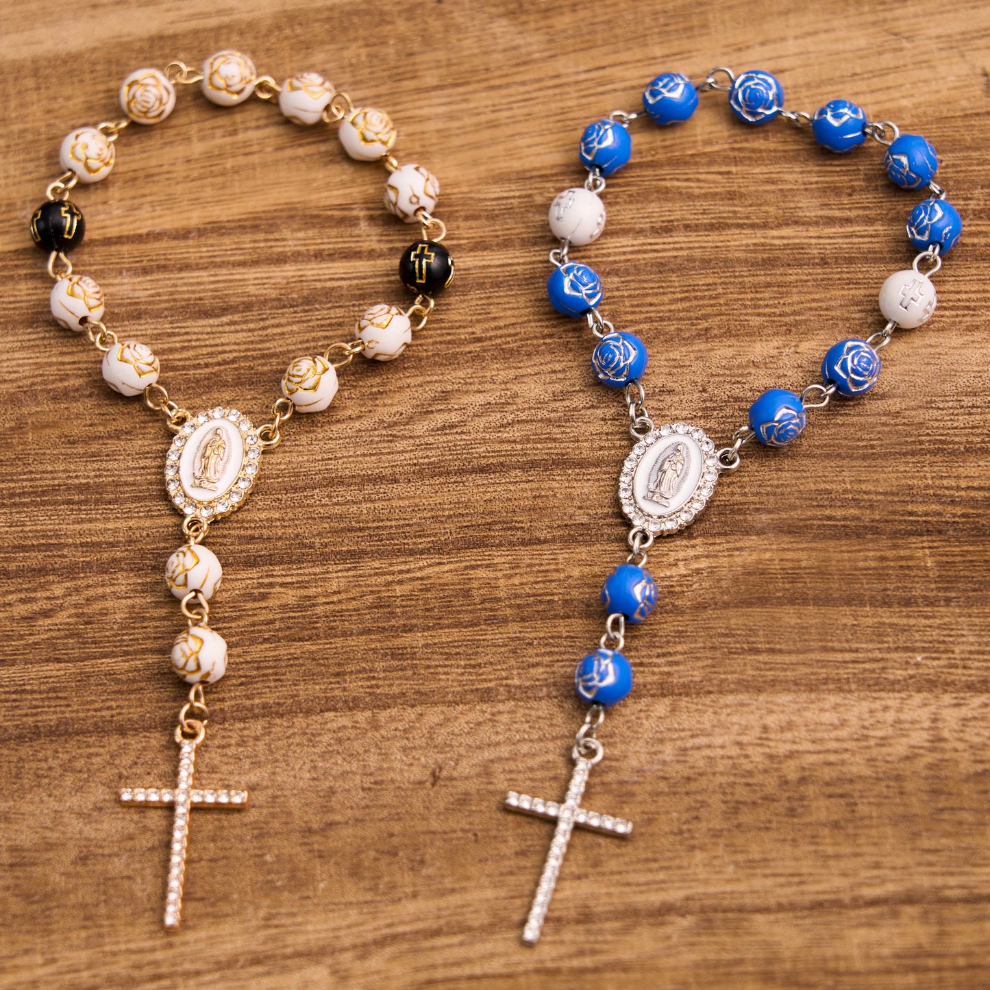 AMUSOUL Rose Beads Cross Our Lady Of Guadalupe Bracelet Rosary