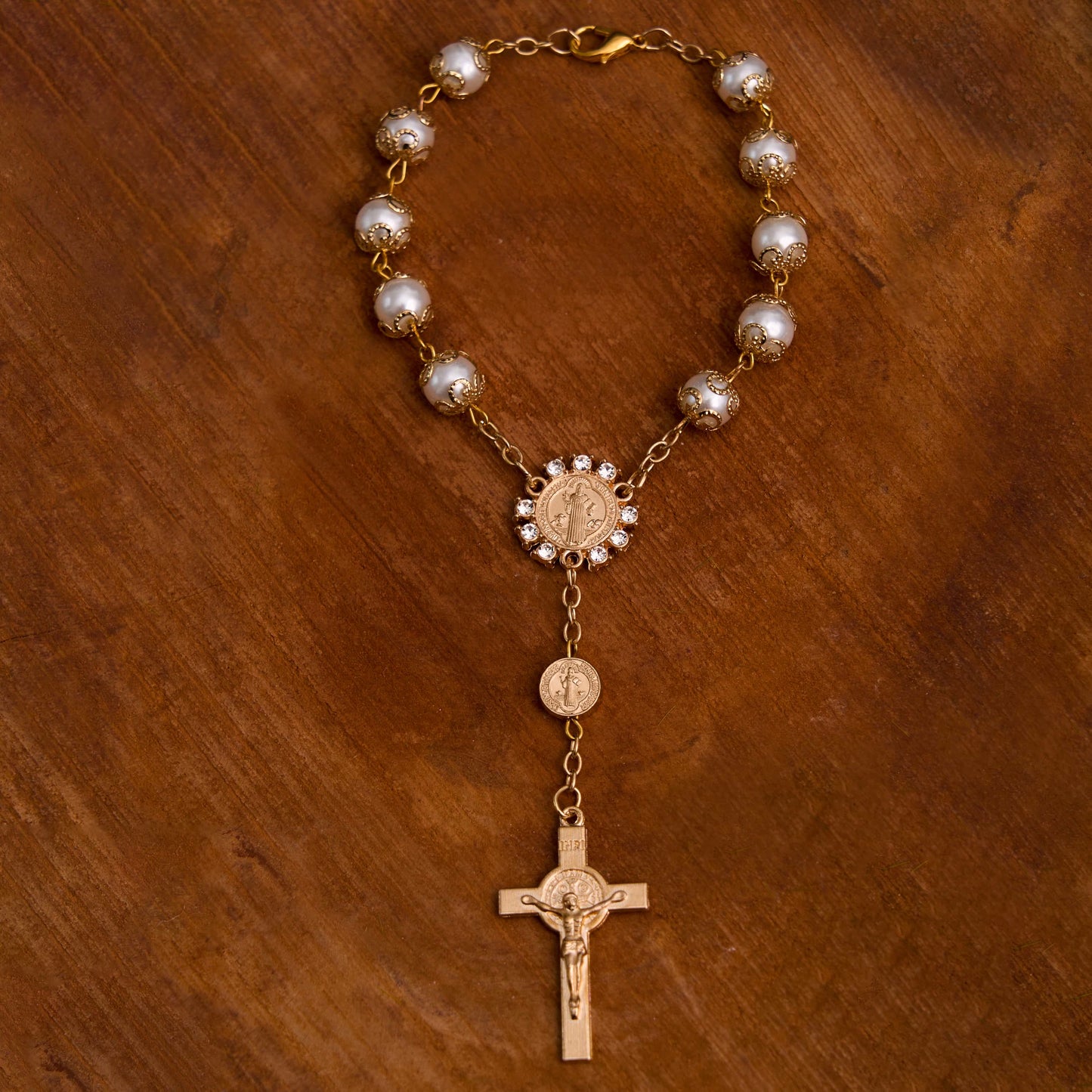 AMUSOUL Glass Beads St. Benedict & Jesus Cross Bracelet Rosary