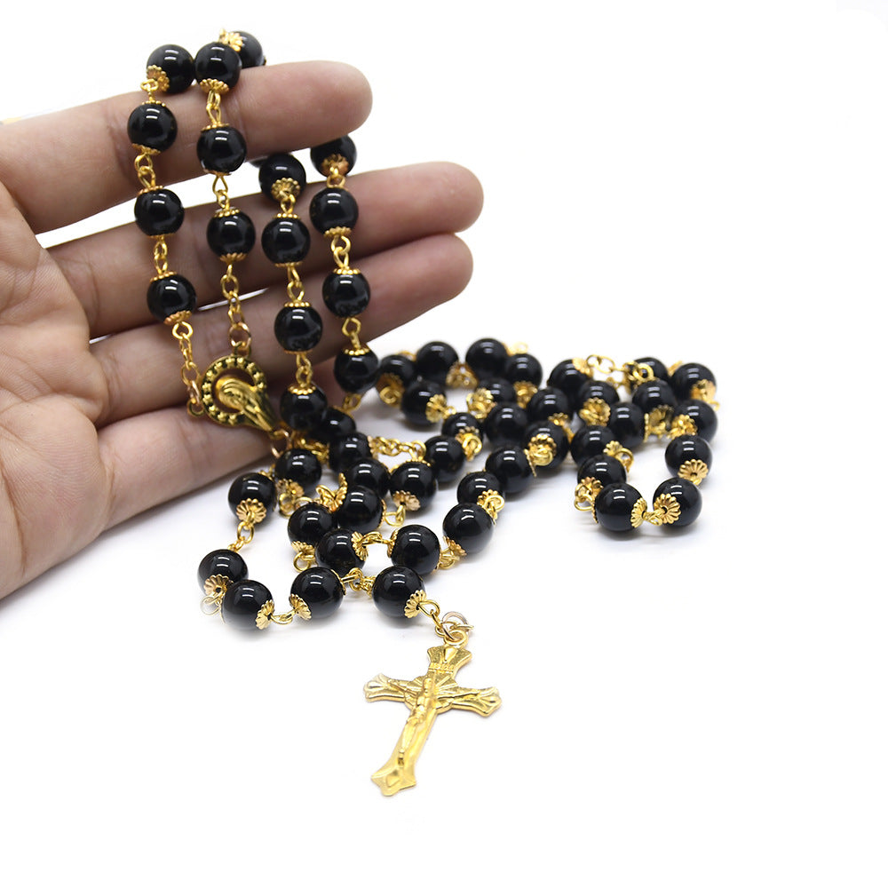 AMUSOUL Black Pearl Beads Praying Rosary with Crucifix