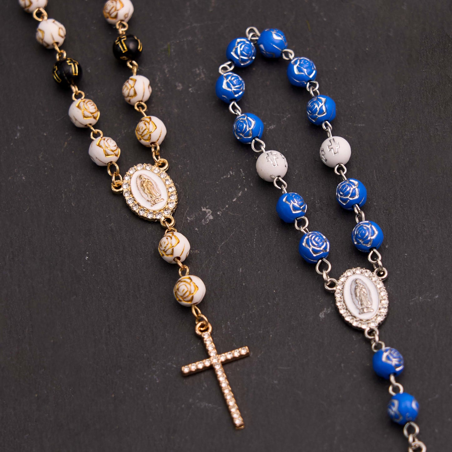 AMUSOUL Rose Beads Cross Our Lady Of Guadalupe Bracelet Rosary