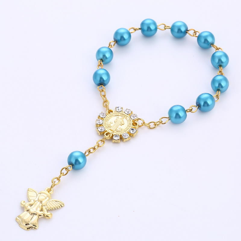 AMUSOUL 8mm Golden Angel Charm Jesus Rosary Bracelet
