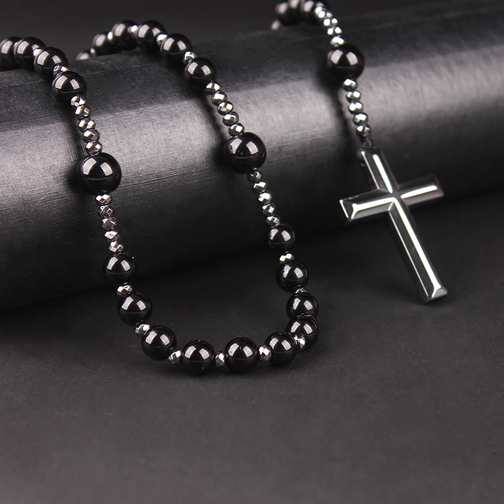 AMUSOUL Agate/Tiger's Eye Stone Cross Catholic Rosary