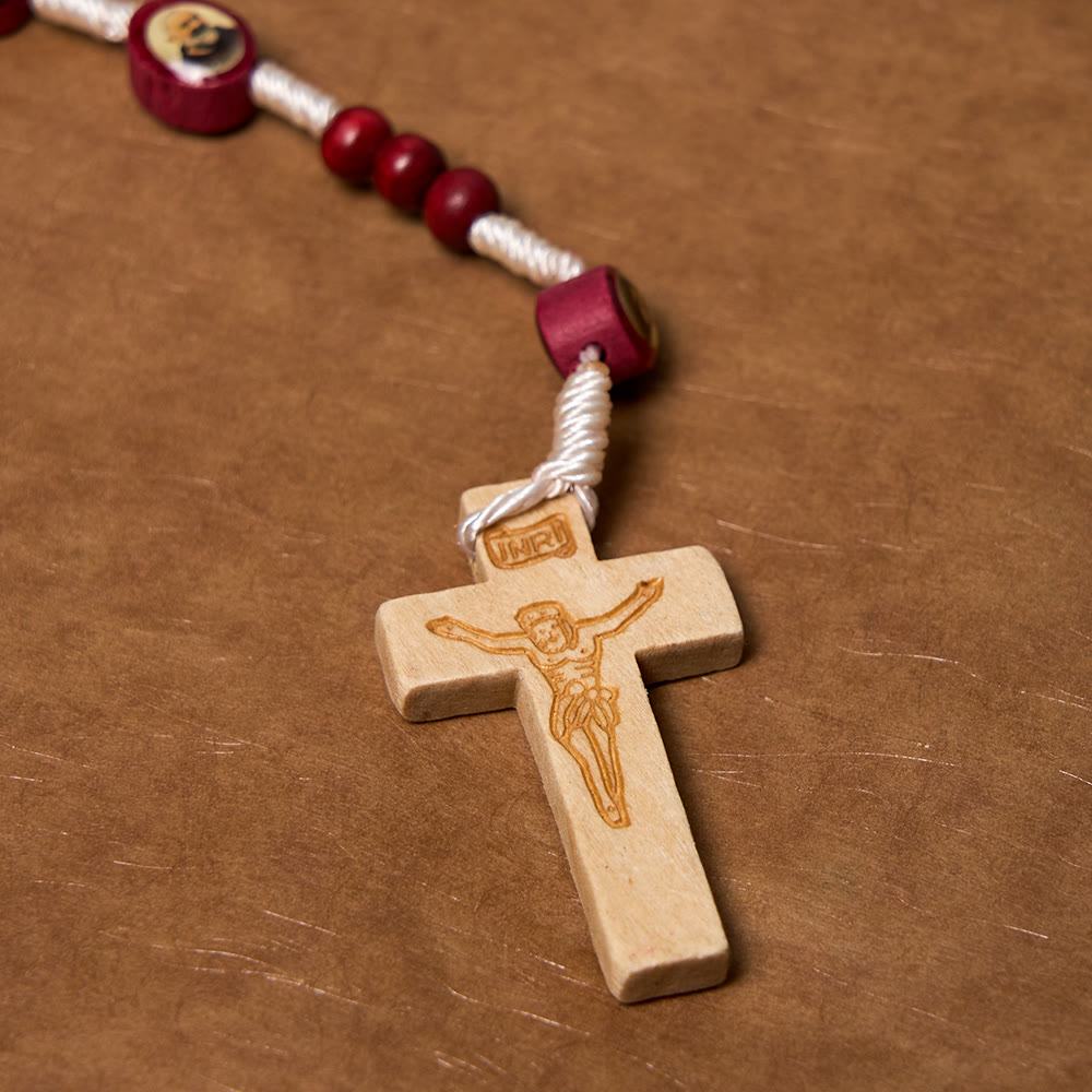 AMUSOUL Wine Red Wooden Beads Cross Virgin Mary Hand Held Rosary