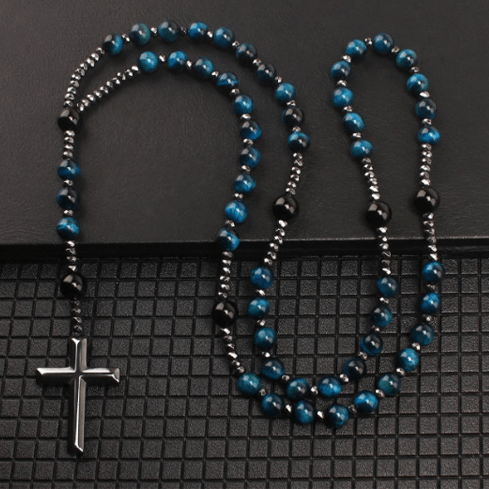AMUSOUL Agate/Tiger's Eye Stone Cross Catholic Rosary