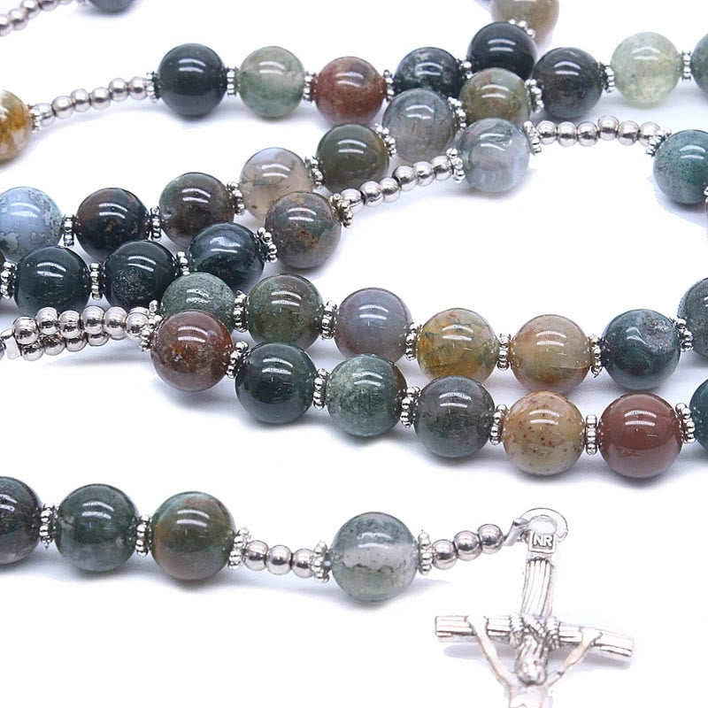 AMUSOUL Natural Agate Jesus Cross Prayer Rosary