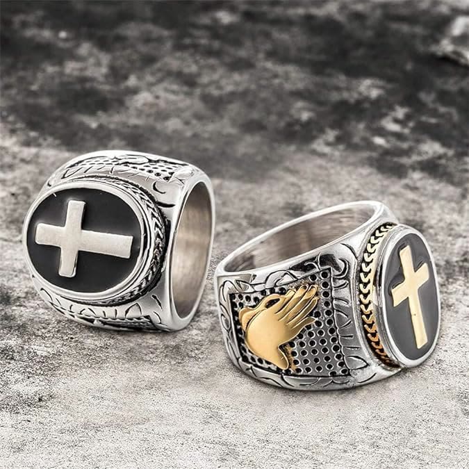 AMUSOUL Retro Cross Hand of God Titanium Religion Ring