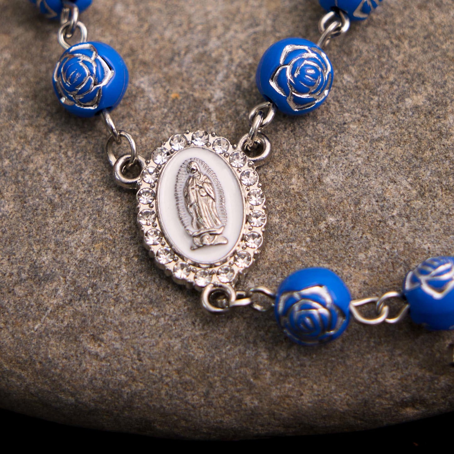 AMUSOUL Rose Beads Cross Our Lady Of Guadalupe Bracelet Rosary