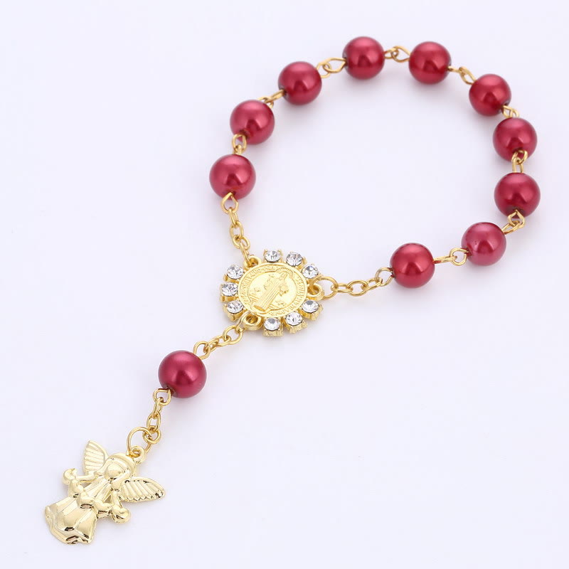 AMUSOUL 8mm Golden Angel Charm Jesus Rosary Bracelet