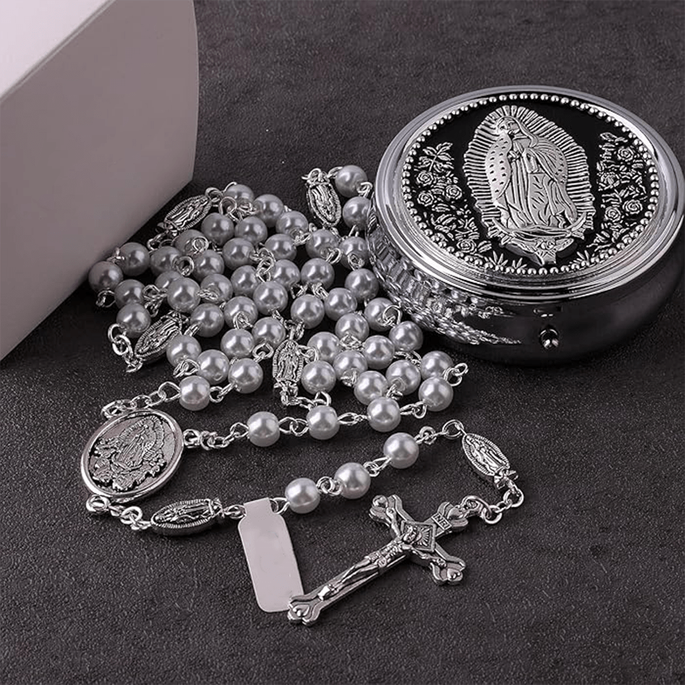 AMUSOUL Catholic Our Lady of Guadalupe White Beads Rosary
