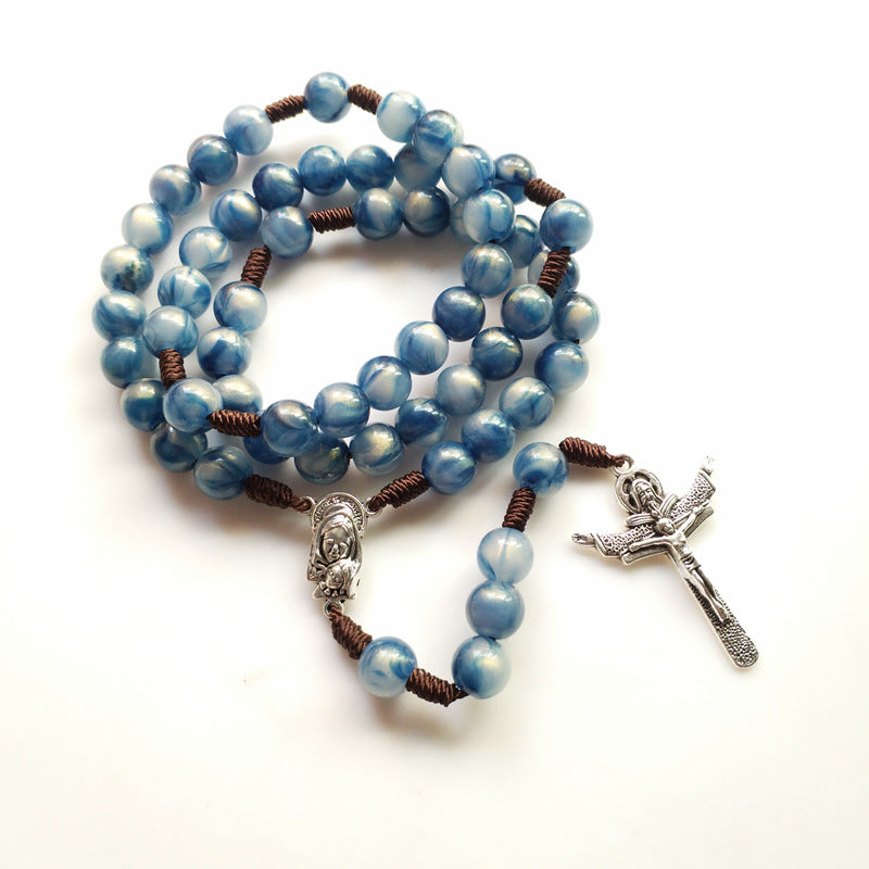 AMUSOUL Blue Beads Hand-Woven Crucifix Rosary