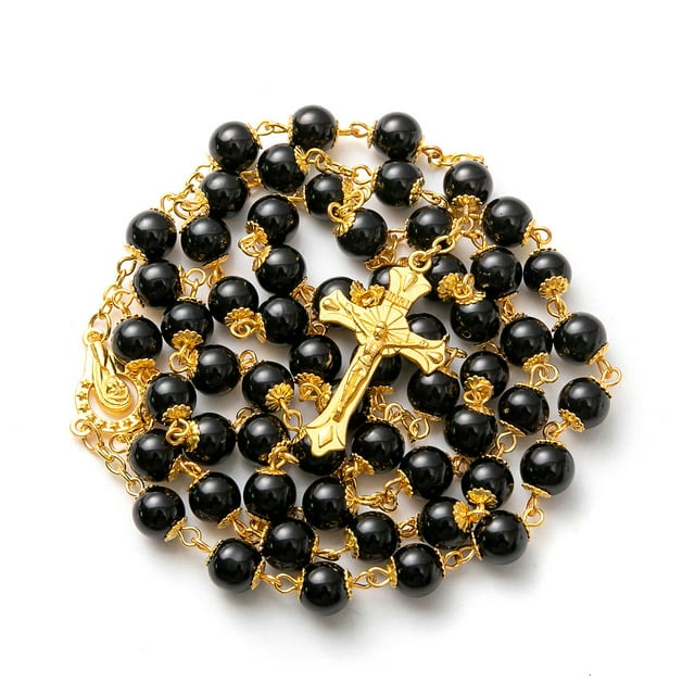 AMUSOUL Black Pearl Beads Praying Rosary with Crucifix