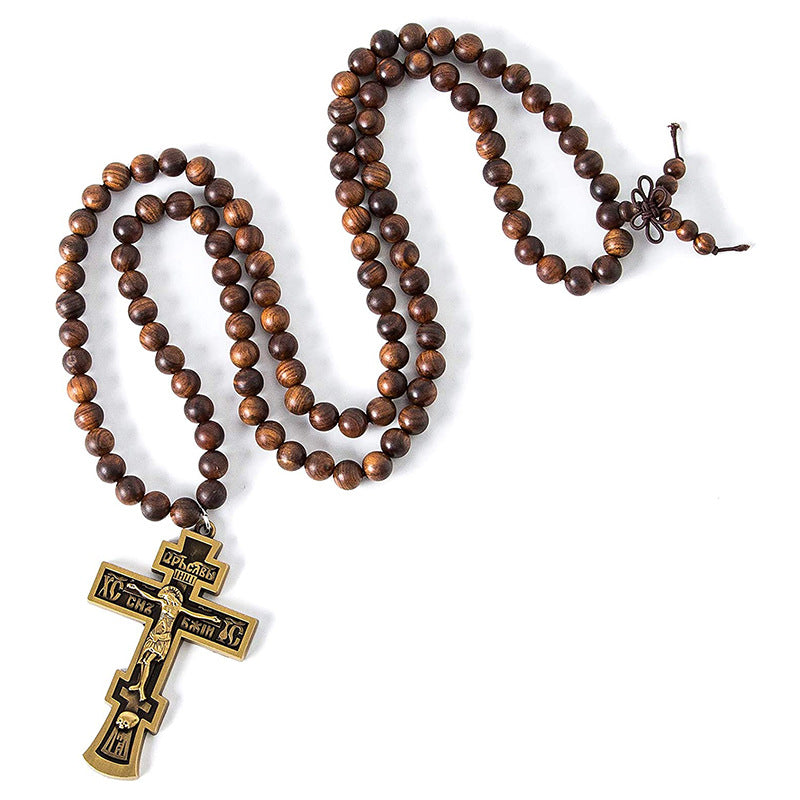 AMUSOUL Cross Pendant Olive Wood Bead Rosary