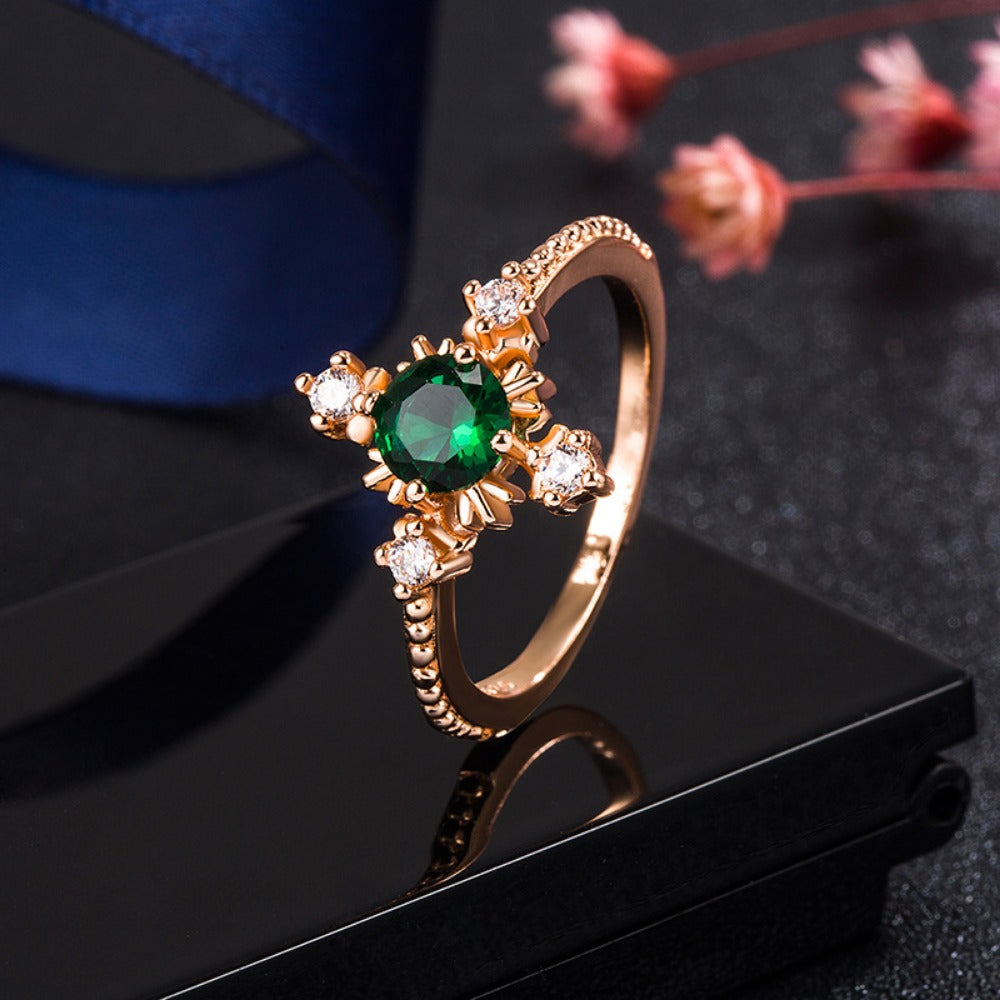AMUSOUL Faith in Bloom – Emerald Cross Ring in Rose Gold