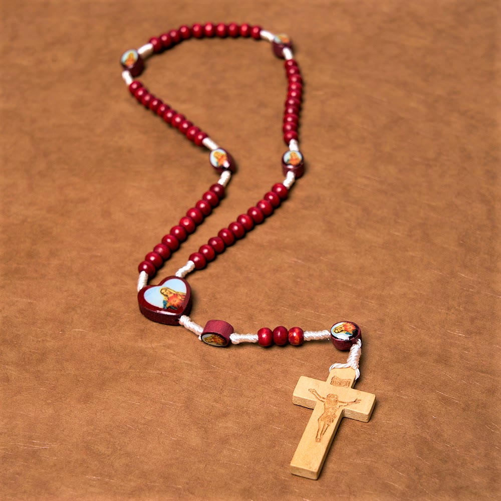 AMUSOUL Wine Red Wooden Beads Cross Virgin Mary Hand Held Rosary