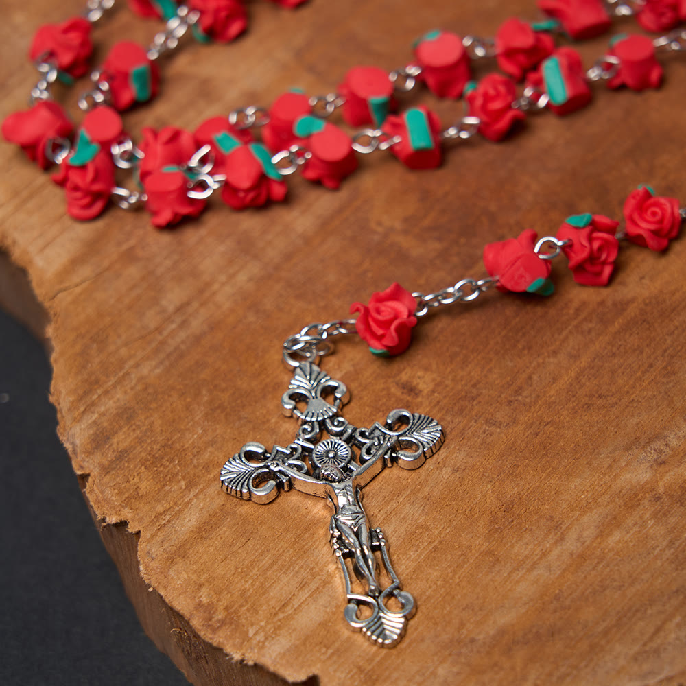 AMUSOUL Rose Flower Shaped Beads Virgin Mary Prayer Rosary