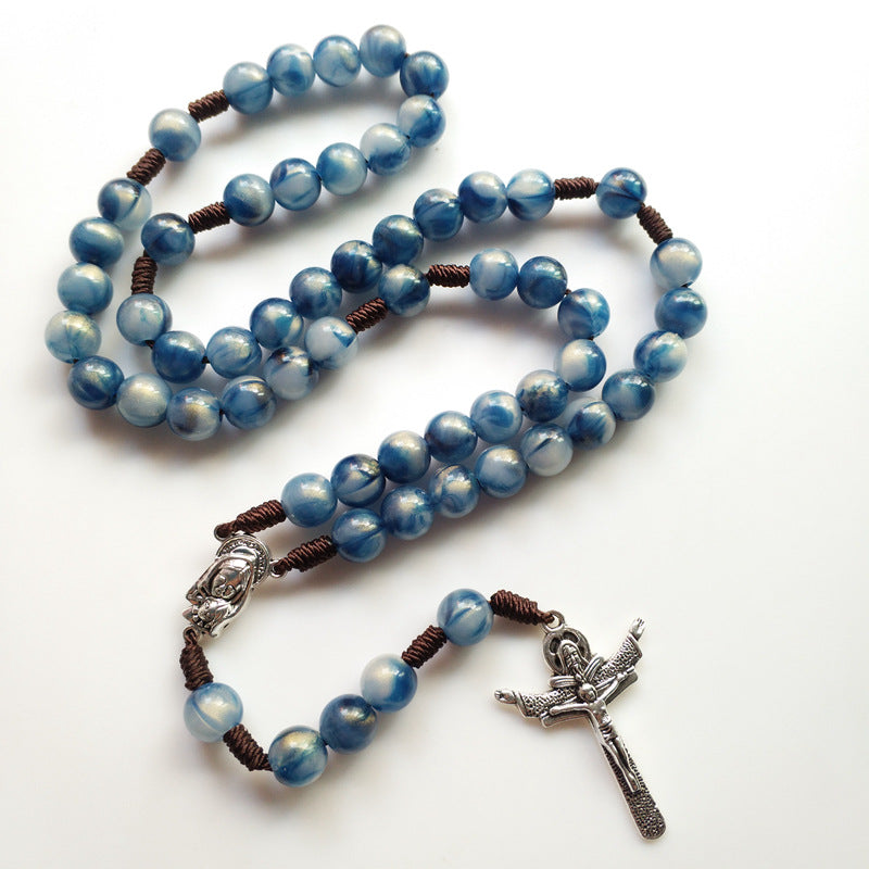 AMUSOUL Blue Beads Hand-Woven Crucifix Rosary