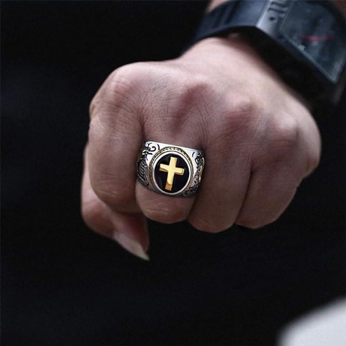AMUSOUL Retro Cross Hand of God Titanium Religion Ring