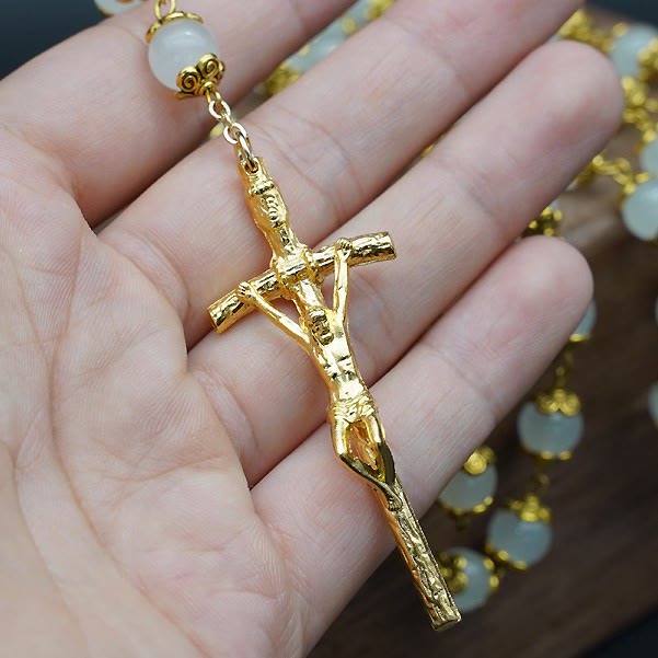 AMUSOUL Faith & Charity: Natural White Chalcedony Catholic Rosary