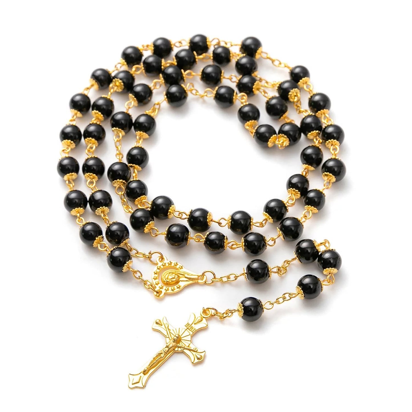 AMUSOUL Black Pearl Beads Praying Rosary with Crucifix