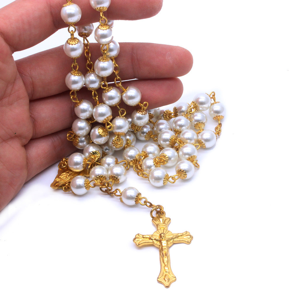 AMUSOUL White Pearl Beads Catholic Blessing Rosary