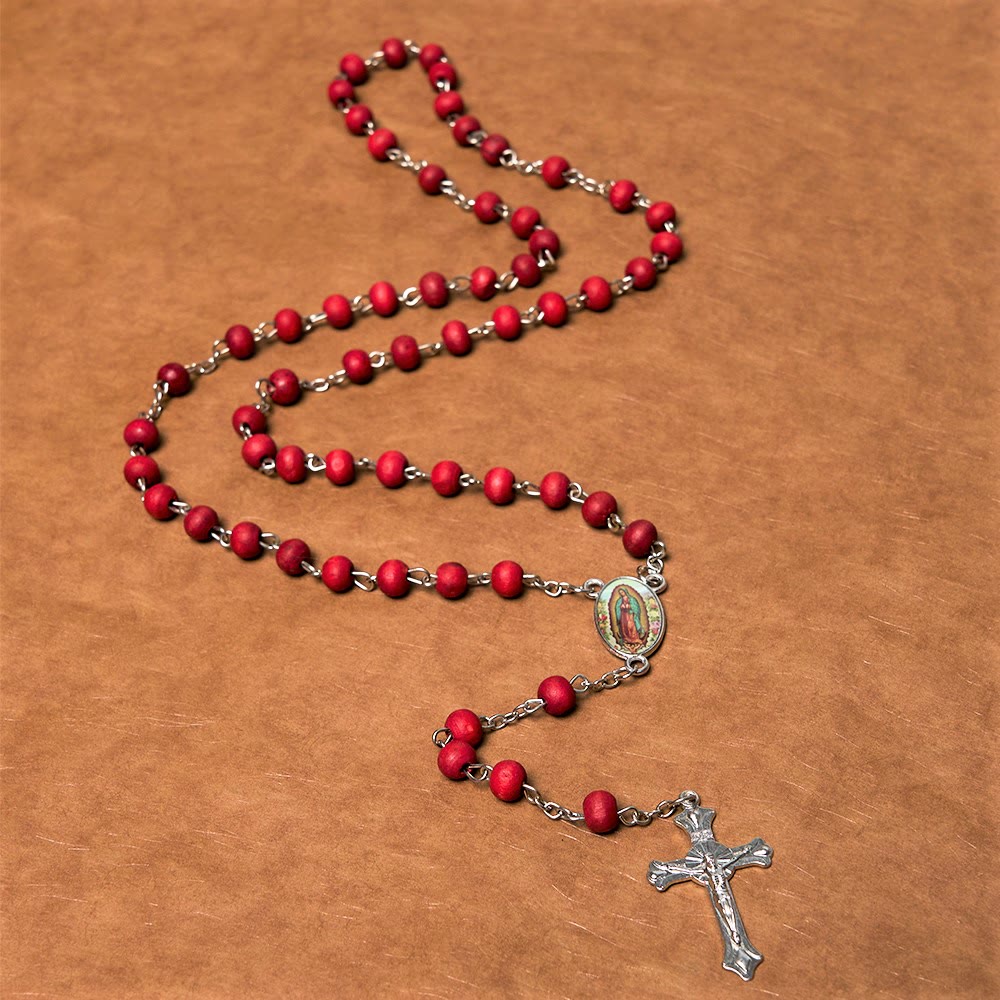 AMUSOUL Our Lady of Guadalupe & Crucifix of 6 mm Round Multicolor Wood Alloy Chain Rosary
